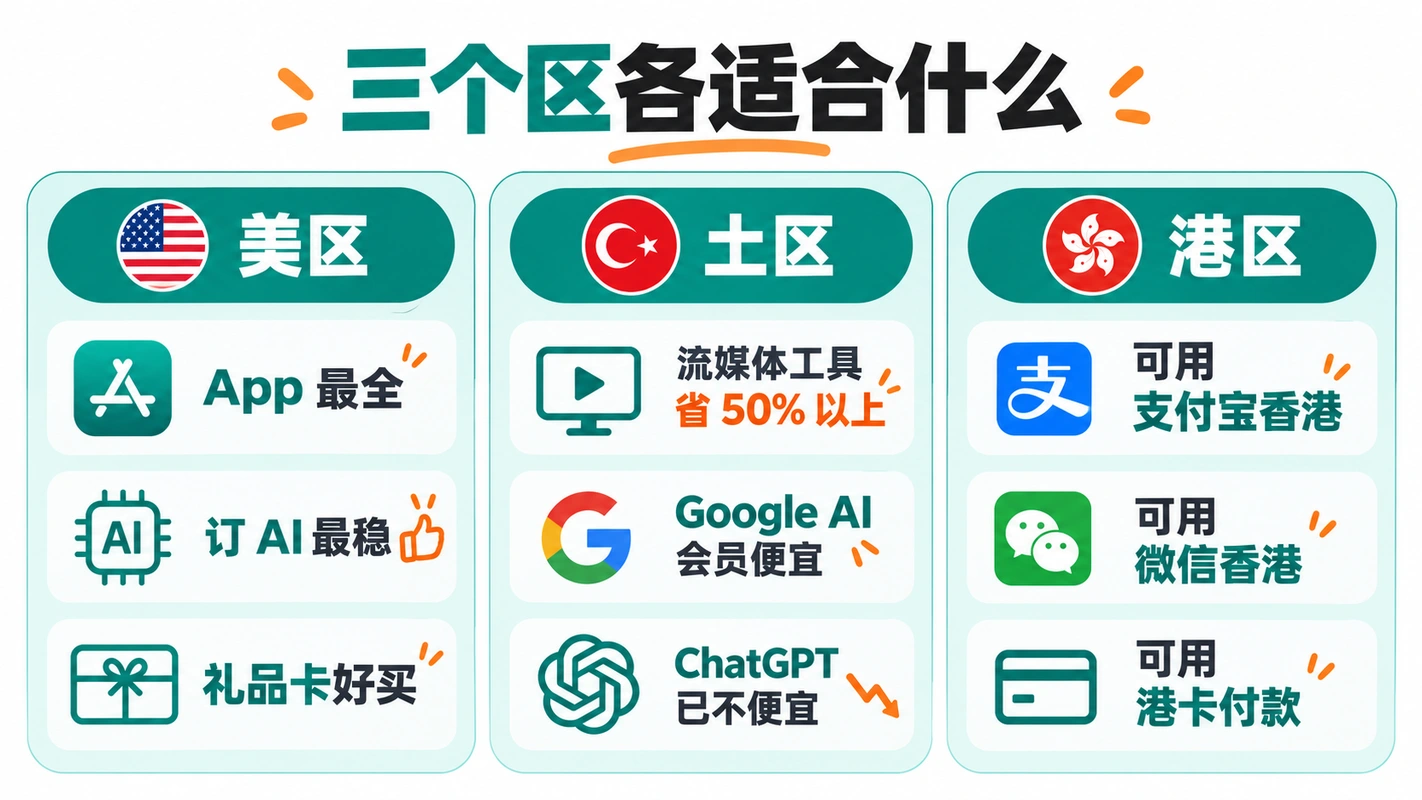 美区、土区、港区 Apple ID 对比卡
