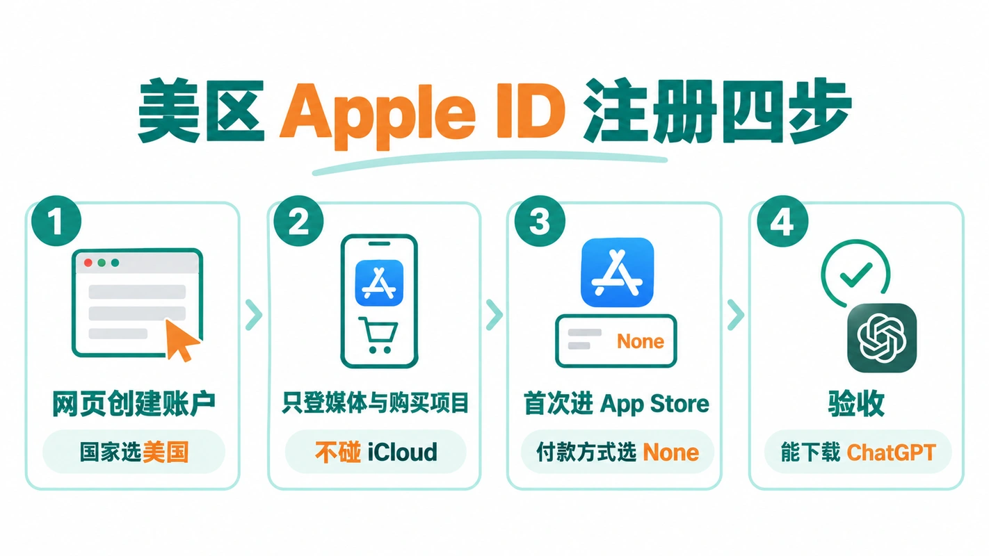 美区 Apple ID 注册四步流程图
