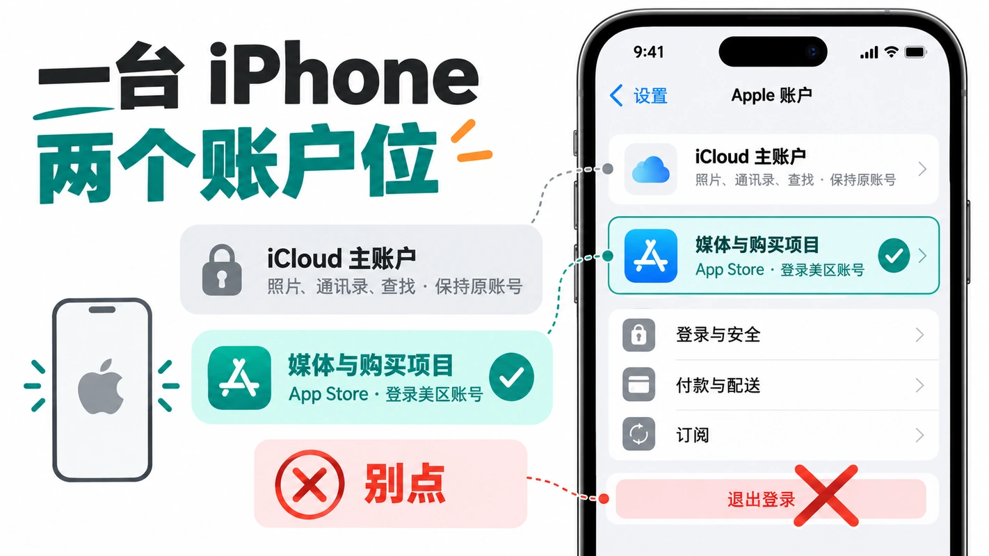 iPhone 两个账户位示意图:iCloud 主账户保持原账号,媒体与购买项目登录美区账号